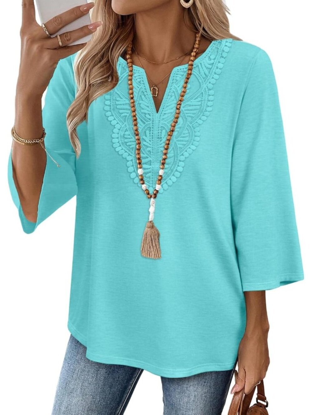 Women's Tops Mint Green 3/4 Length Sleeve V Neck Lace Casual Vacation Clothes